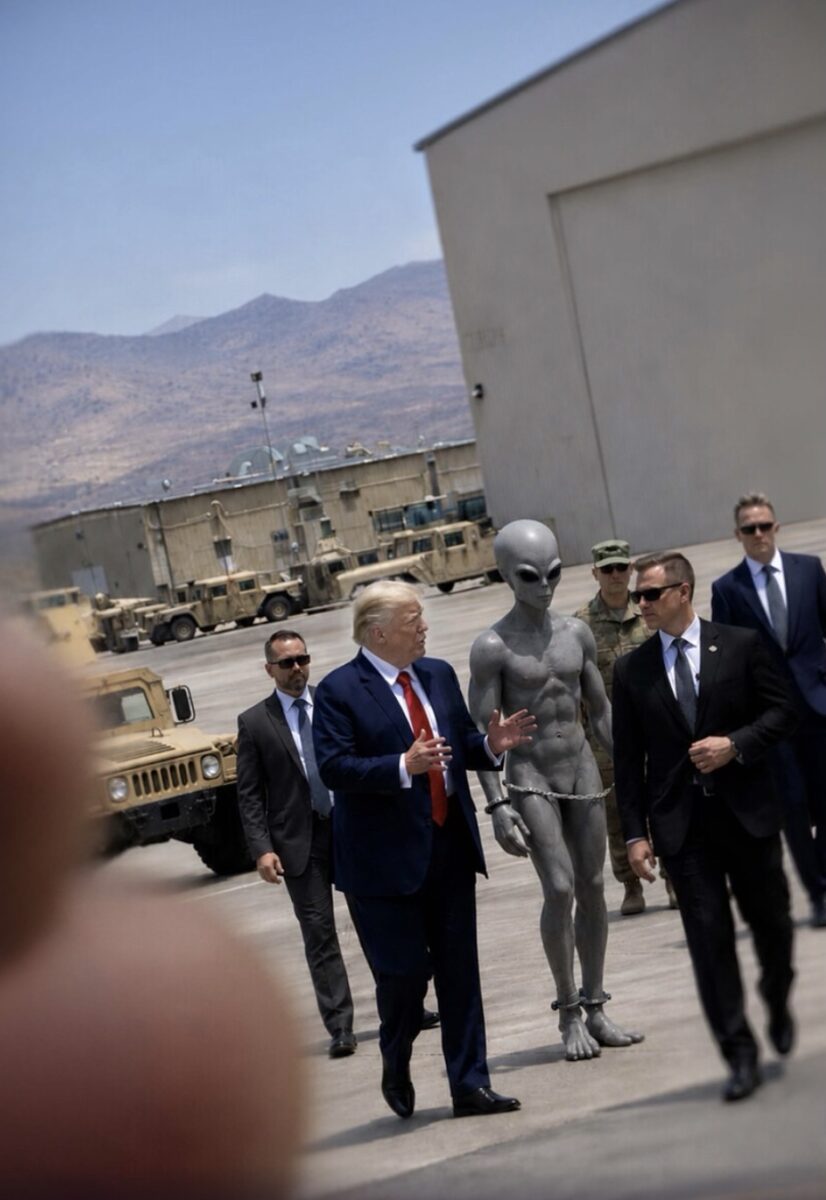 Donald Trump Truth Social post with an alien under arrest in a desert
