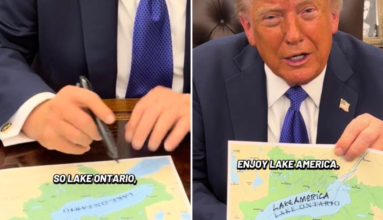Donald Trump crosses out name of lake ontario on paper map