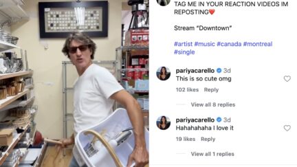 Justin Trudeau with a plunger dancing in a store to his son's song