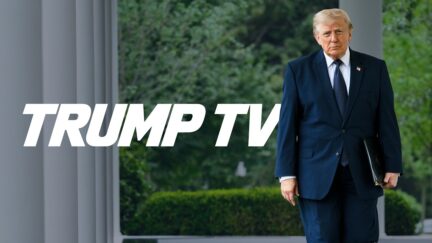 trump in a dark blue suit next to a chryon reading trump tv