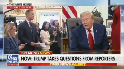 split screen of peter doocy left surrounded by reporters and right trump sitting at desk in oval office