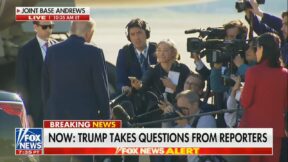 Reporters speak to trump on the tarmac