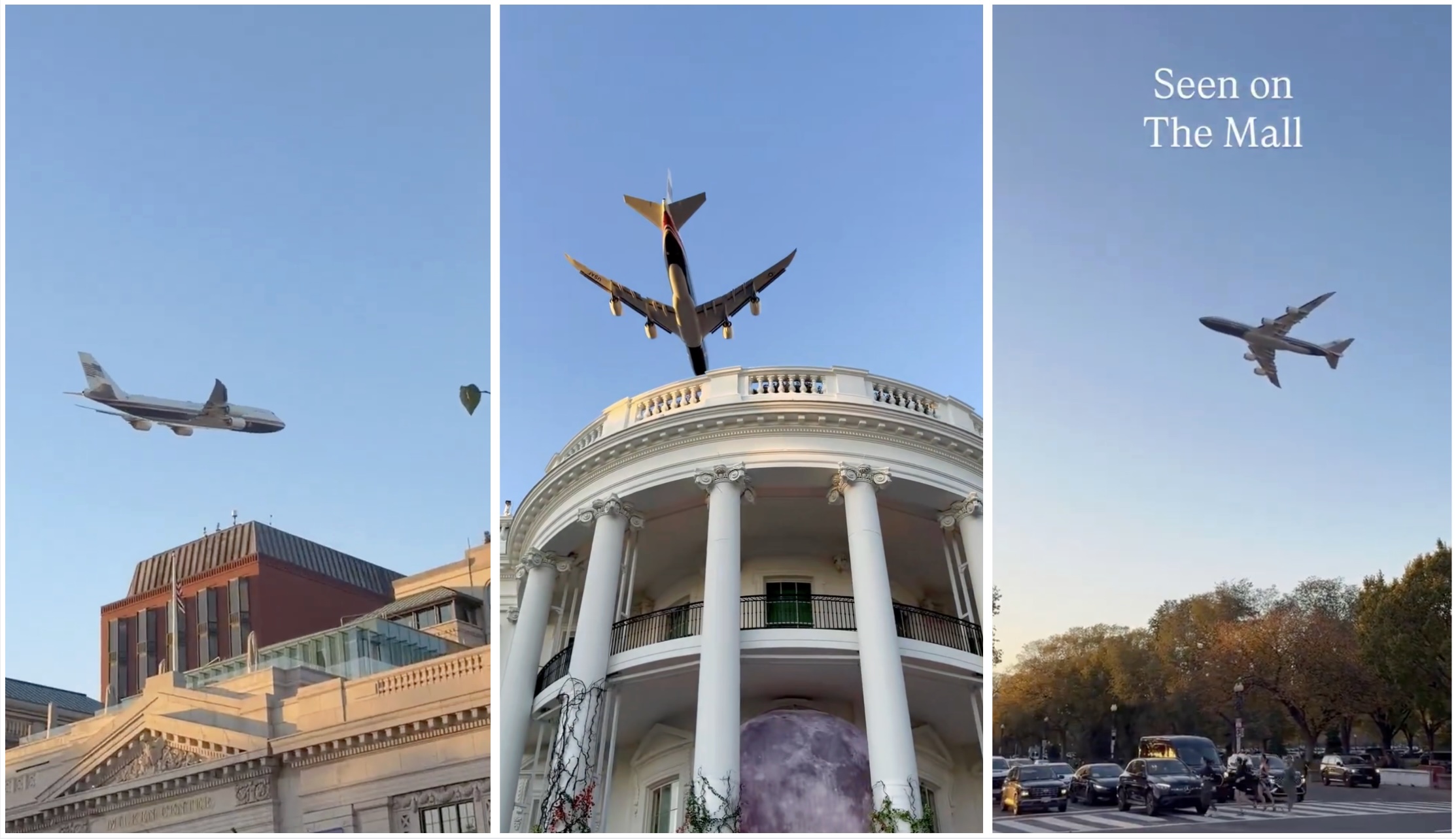 composite of three screenshots from videos showing air force one flying low over washington dc and the white house