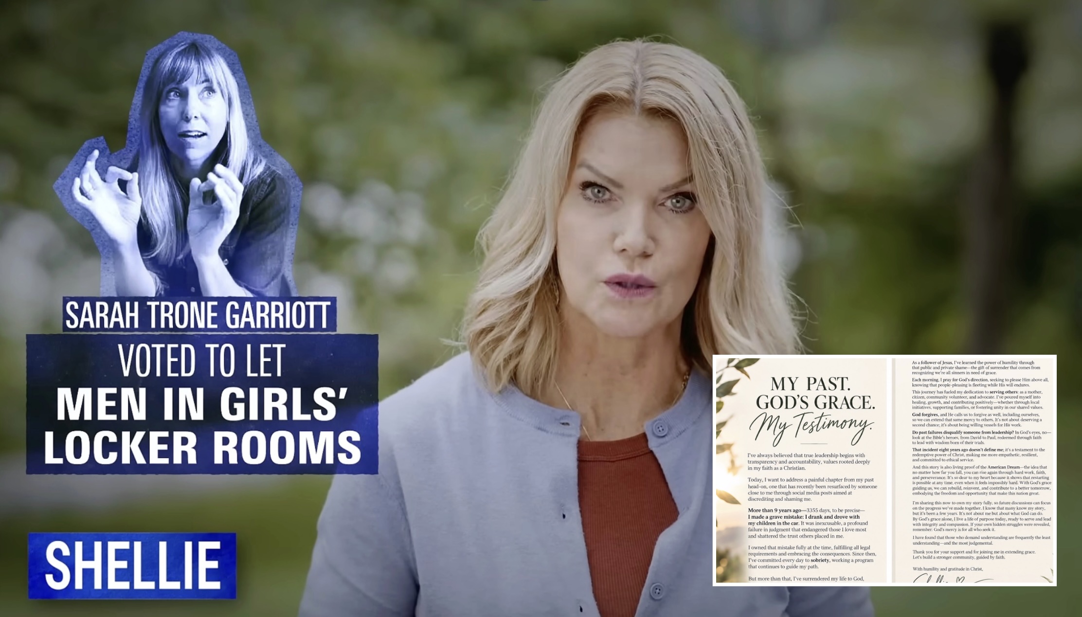 composite with screenshot of flockhart from the ad and an inset of her message on x